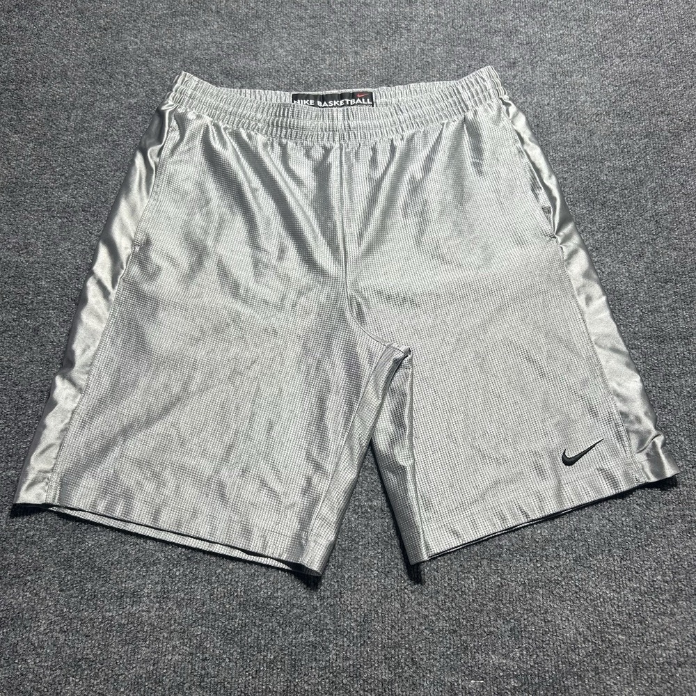 Vintage Nike Shorts Mens M Silver Silky Shiny Dazzle Basketball Y2K Silver Logo